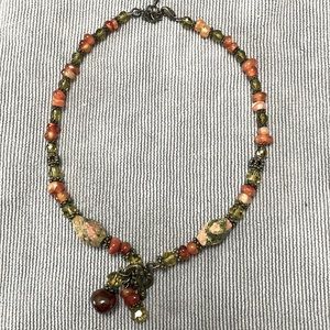 Unakite jasper beaded necklace measuring 17” long with 2” extender